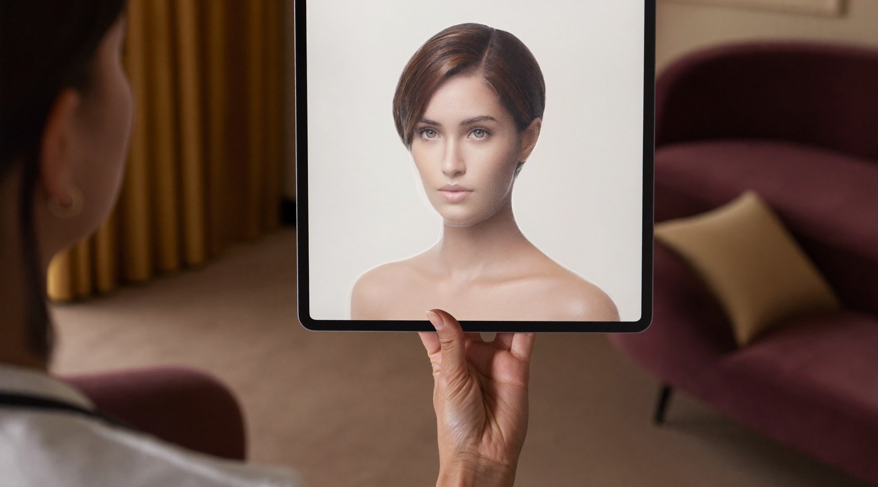 A 3D facial simulation on a tablet, shown during a warm private consultation