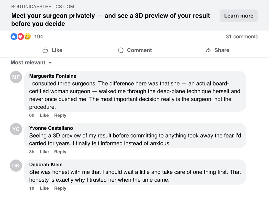 Facebook post and comments about meeting the surgeon and seeing a 3D preview