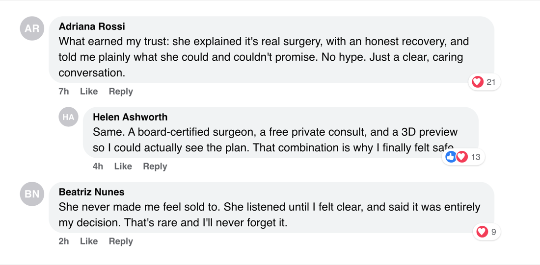 Facebook comments about feeling heard and honestly advised