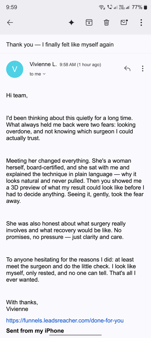Thank-you email about a natural result and an honest consultation