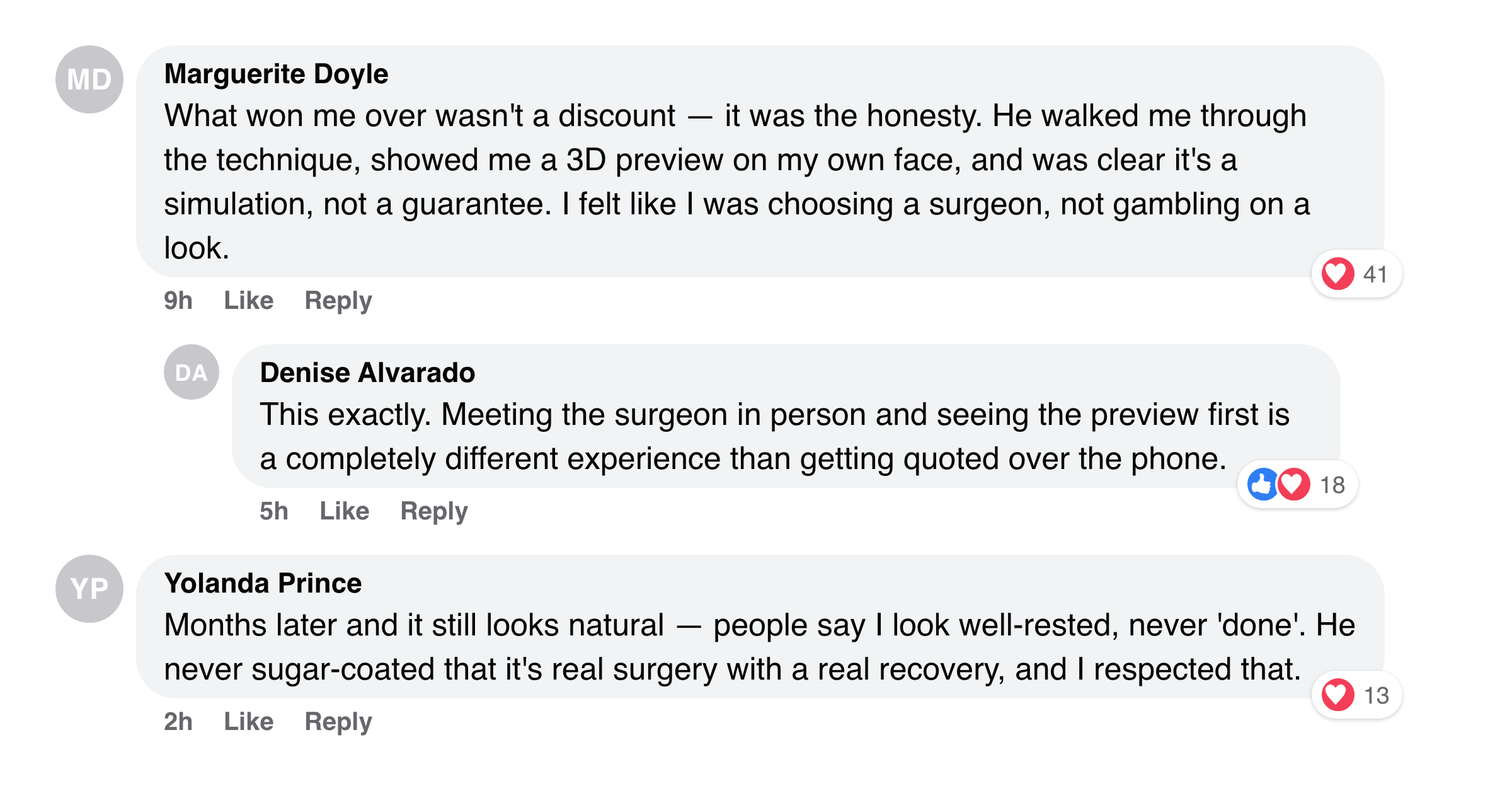 Facebook comments about a natural deep-plane result that still looks like themselves