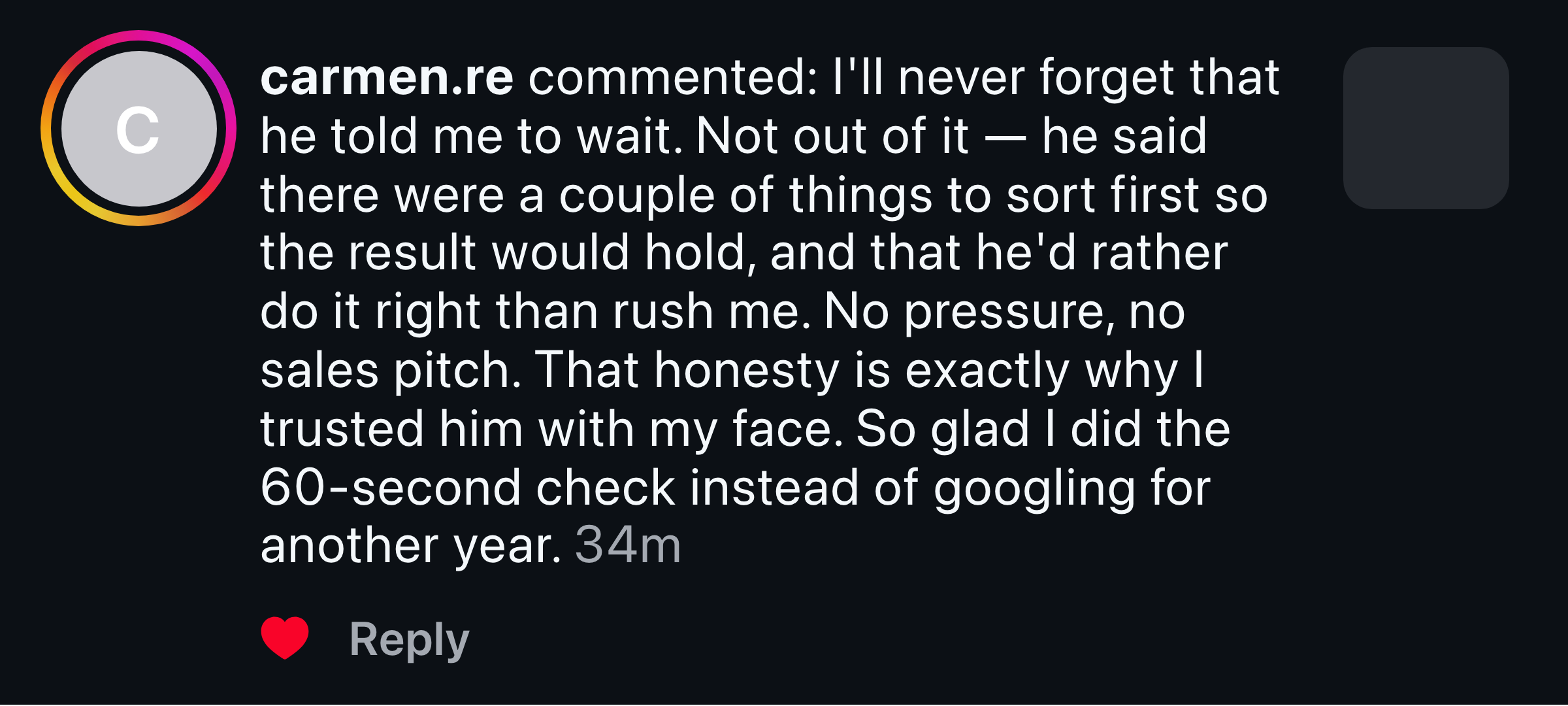 Instagram message from someone who was honestly told to wait, and trusted the practice more for it