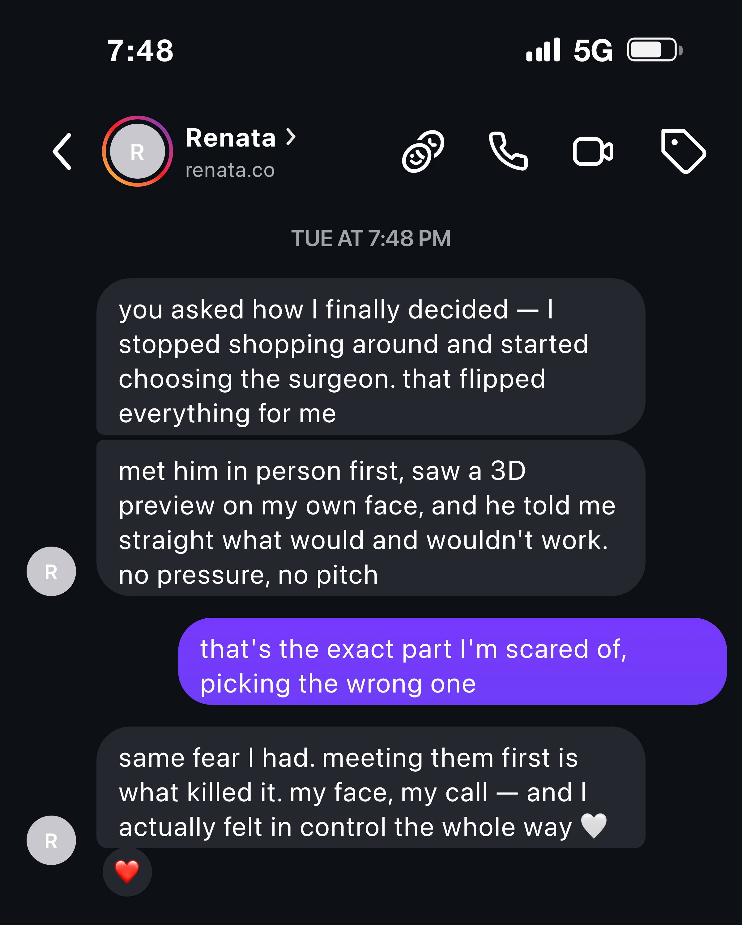Instagram message about finally feeling sure of the surgeon after meeting them and seeing a 3D preview