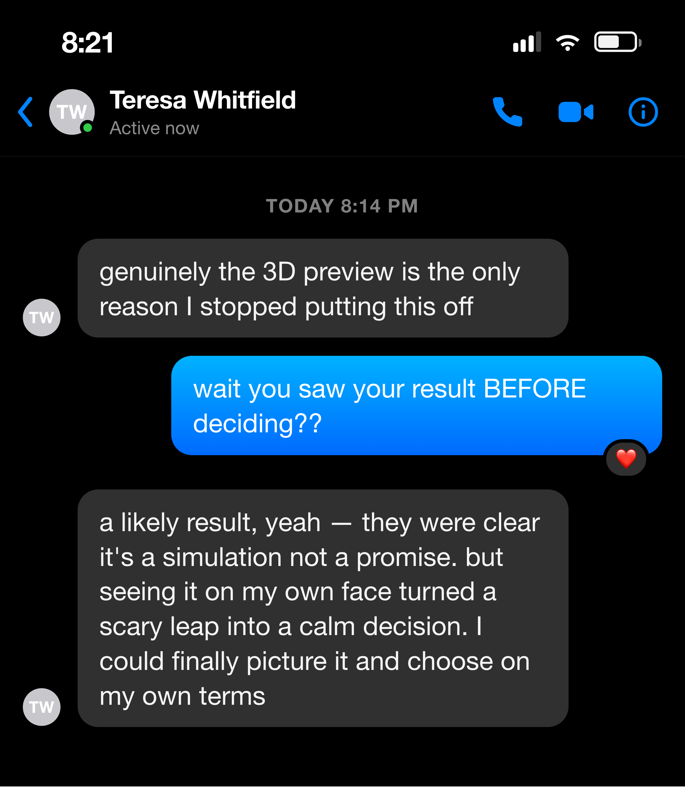Messenger note about the 3D preview making the decision feel real and certain