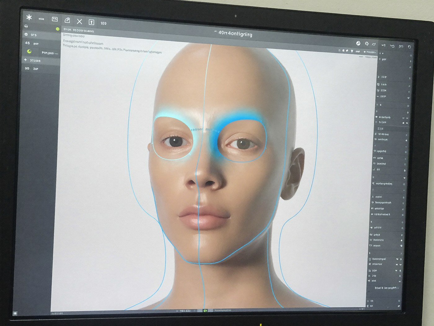 A 3D facial surgical-planning interface showing a digital simulation of a face