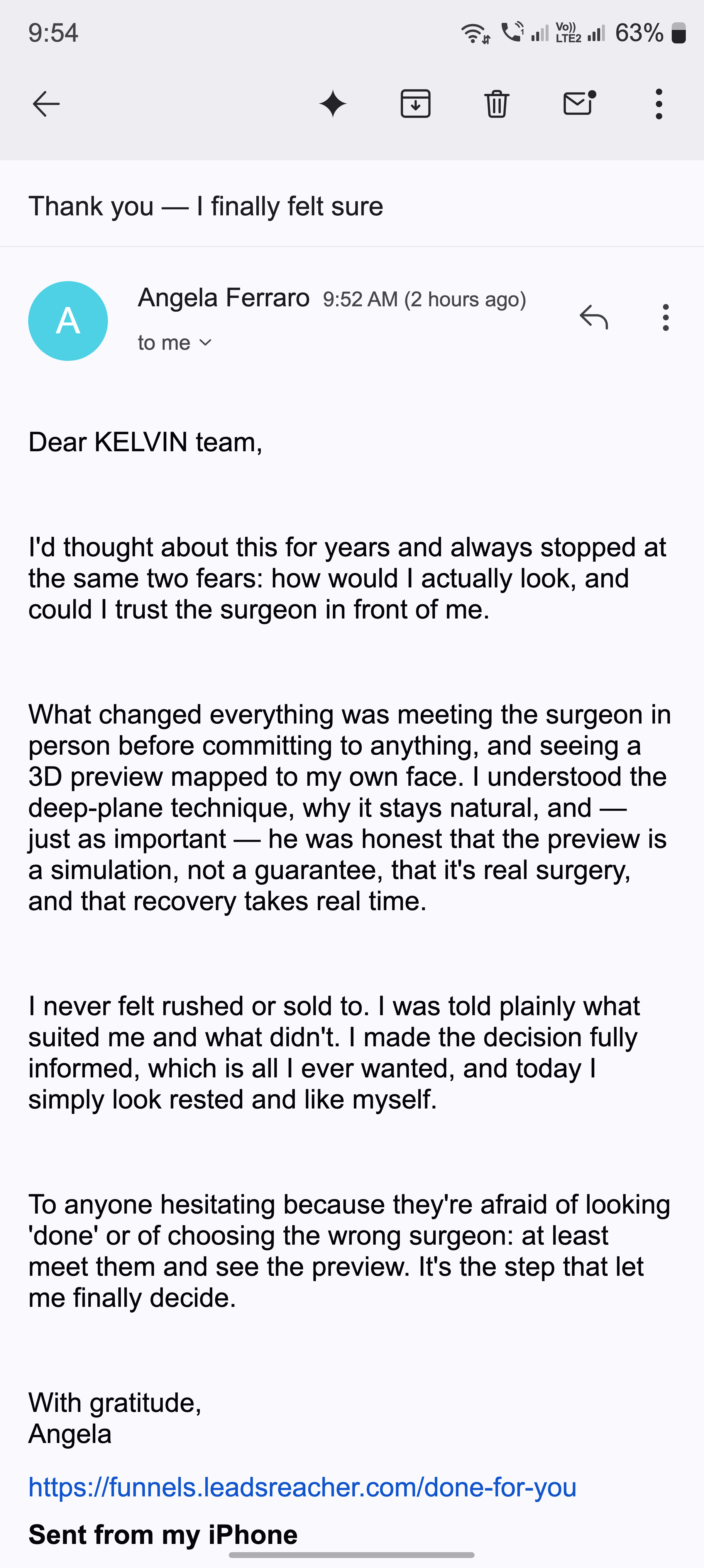 Email: I finally felt sure after meeting the surgeon and seeing the preview