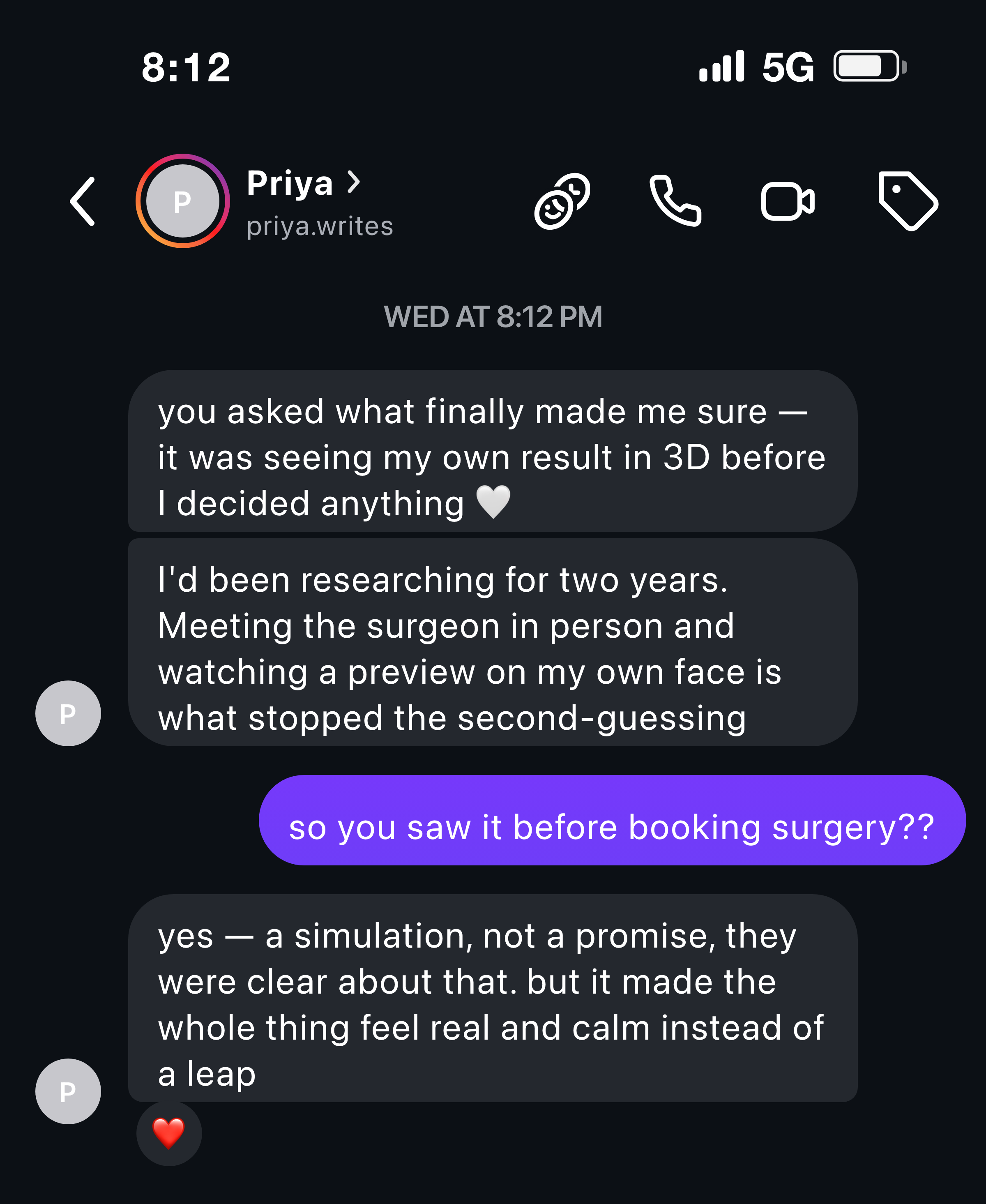 Instagram DM: seeing my result in 3D is what made me sure