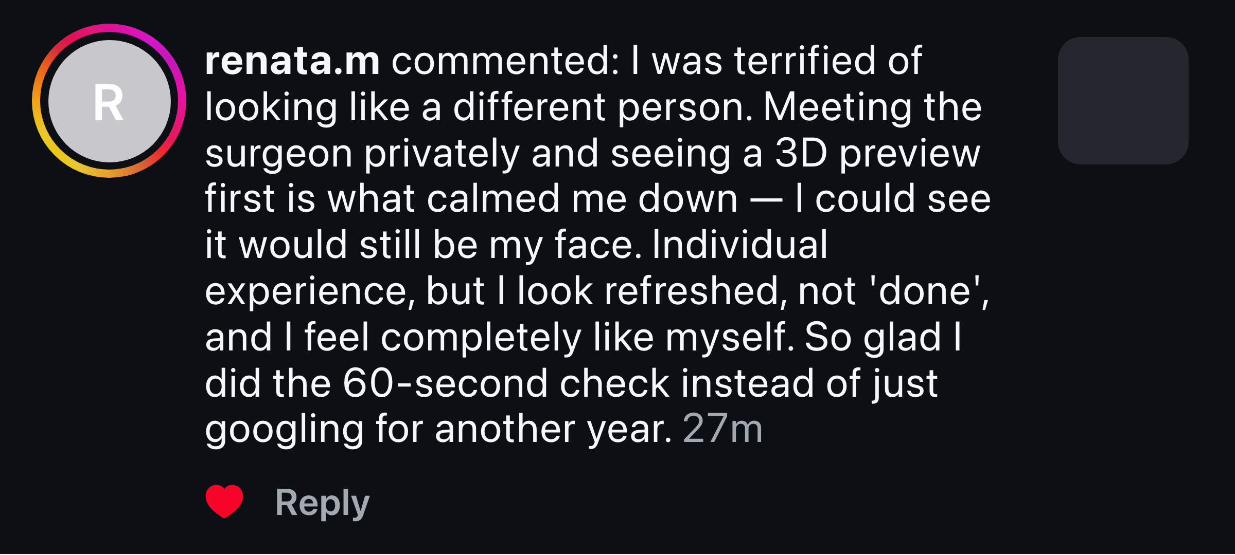 Instagram comment: I look refreshed, not done, and feel like myself