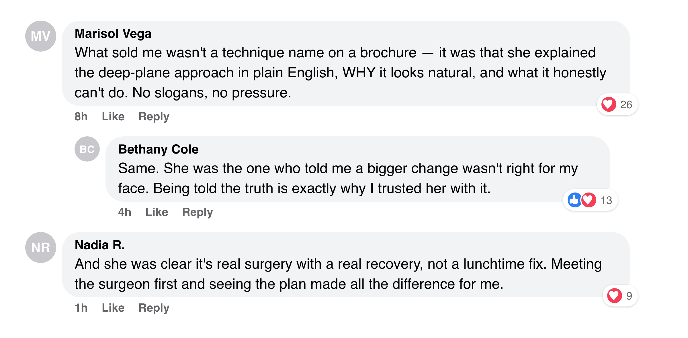 Facebook comments — patients on the surgeon explaining the deep-plane technique honestly.