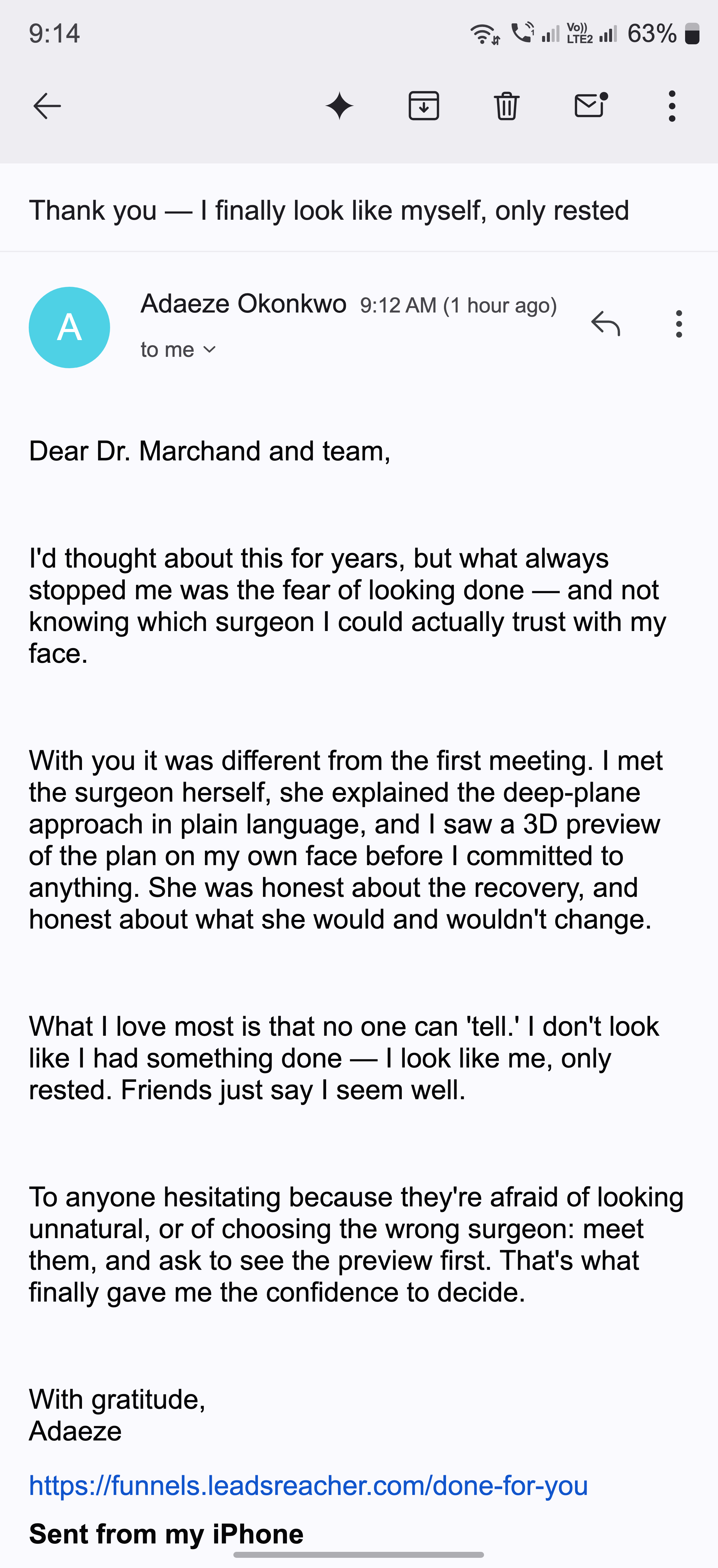 Email — a thank-you note about looking like herself, only rested.