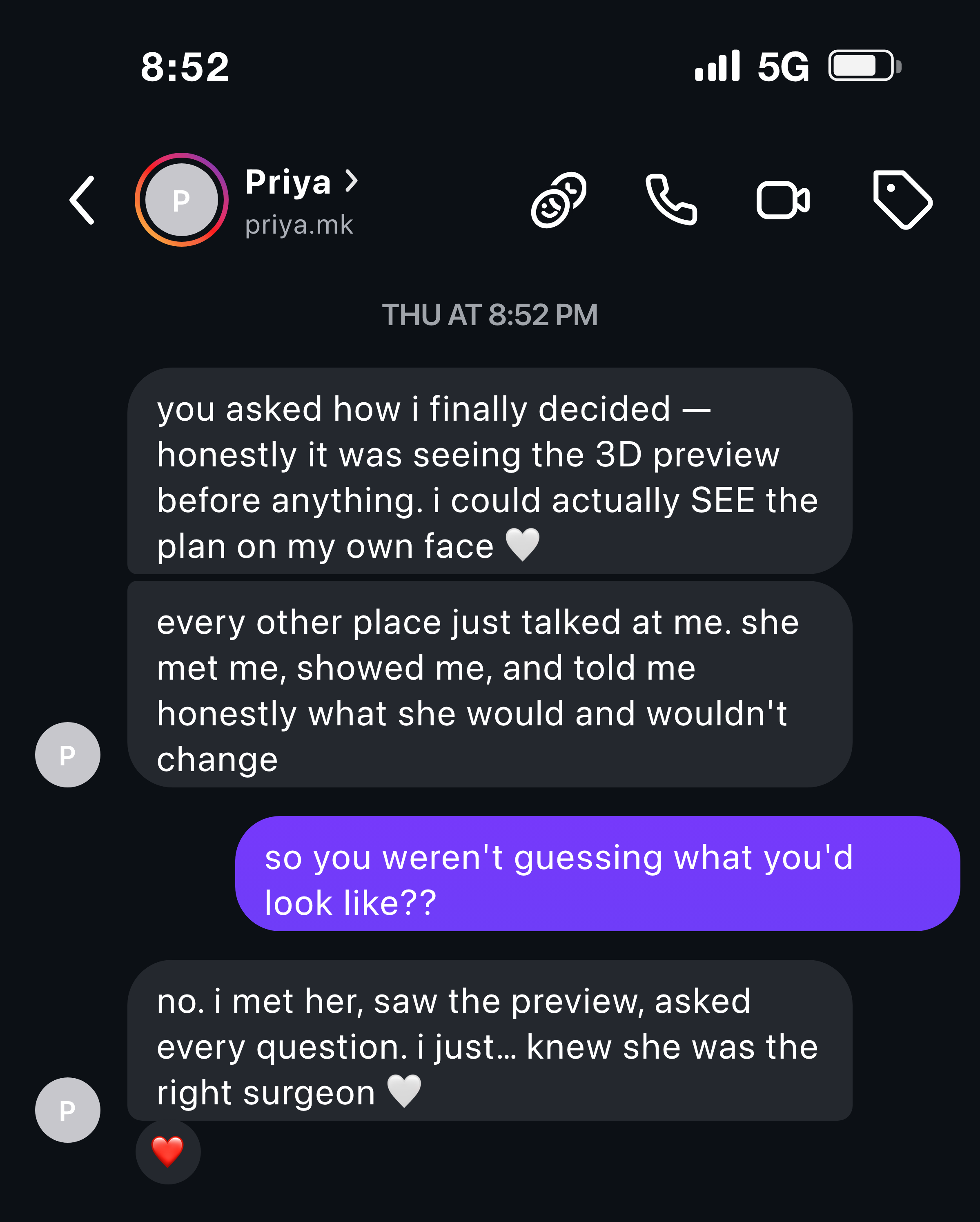 Instagram DM — a patient on deciding after seeing her 3D preview and meeting her surgeon.